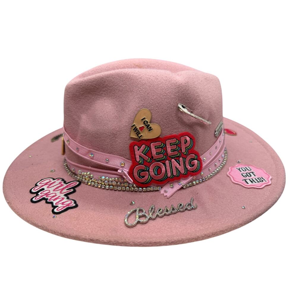 Pink fedora decorated with custom patches and rhinestones One Size